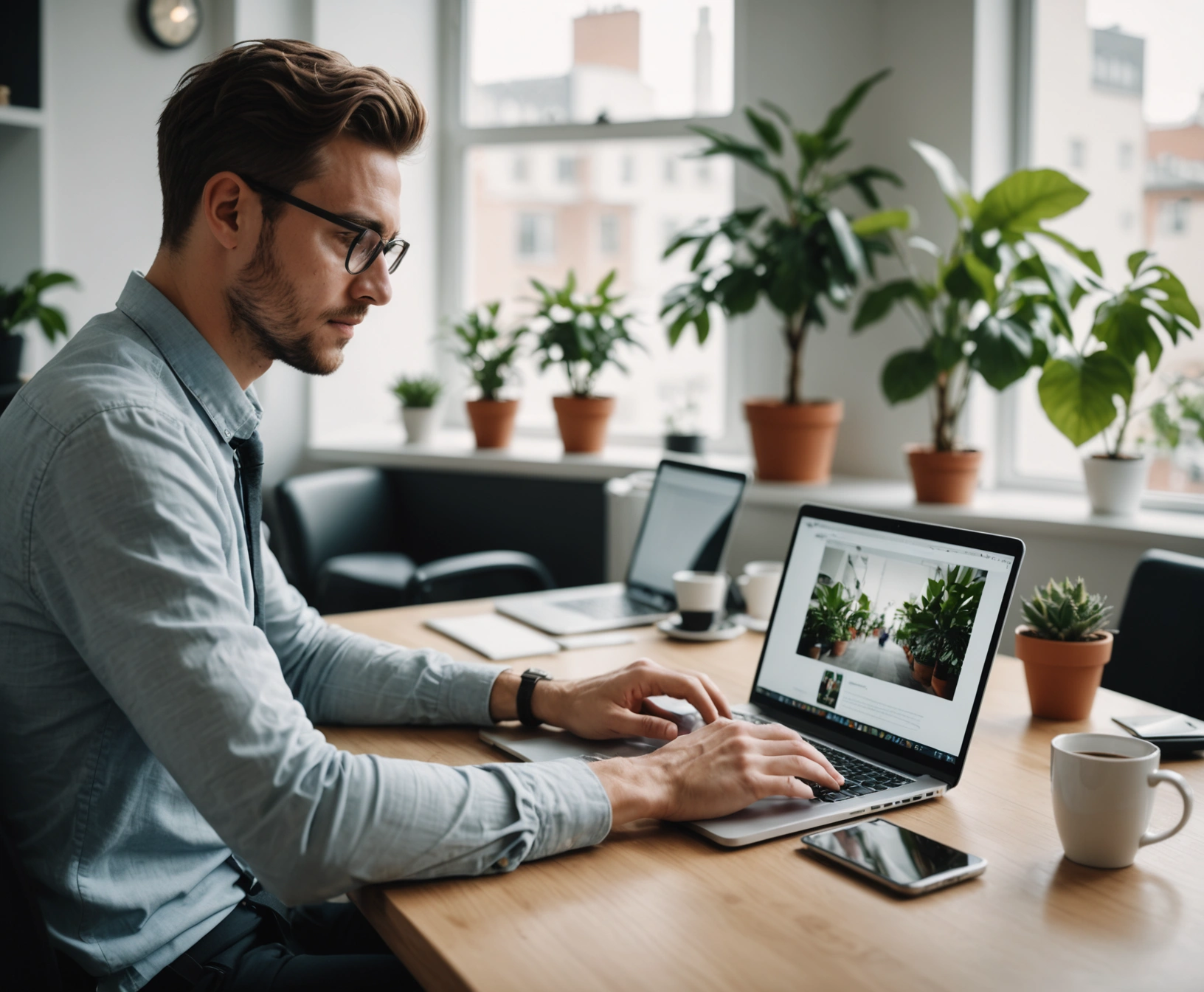 Professionnel gérant sa communication en ligne sur ordinateur et smartphone